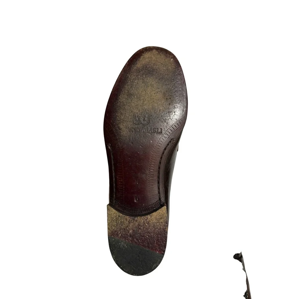 Bruno Magli Vintage Brown Leather Crocodile Texture Gold Logo Slip on Loafer - 6